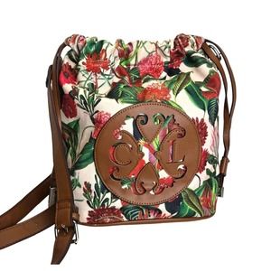 Christian Lacroix Crossbody BUCKET Bag Drawstring Purse Floral Green Boho